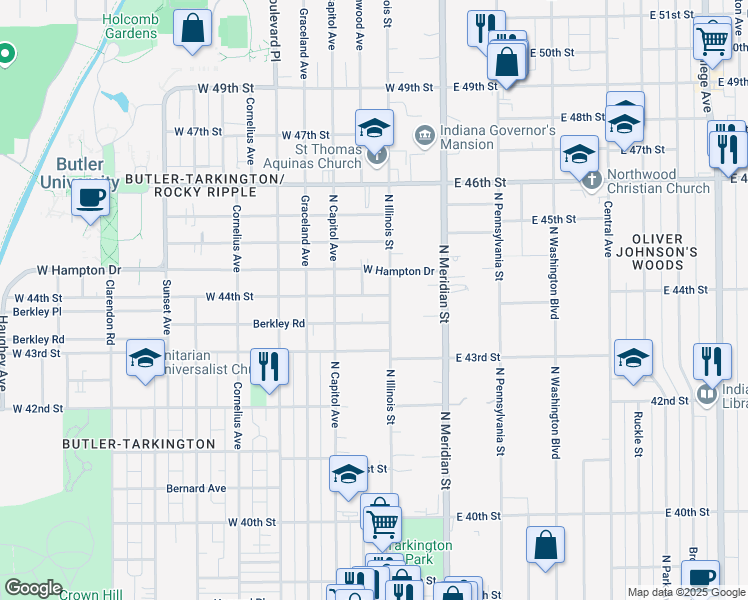 map of restaurants, bars, coffee shops, grocery stores, and more near 119 West 44th Street in Indianapolis