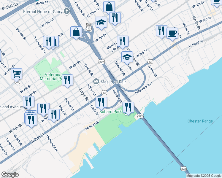 map of restaurants, bars, coffee shops, grocery stores, and more near 1920 West 2nd Street in Chester