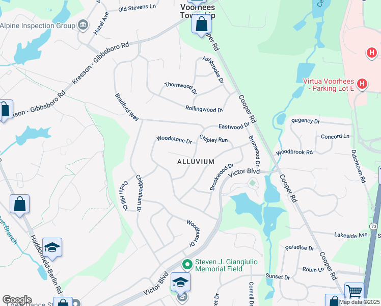 map of restaurants, bars, coffee shops, grocery stores, and more near 27 Eastwood Drive in Voorhees Township
