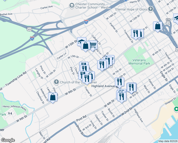 map of restaurants, bars, coffee shops, grocery stores, and more near 3008 John Street in Chester