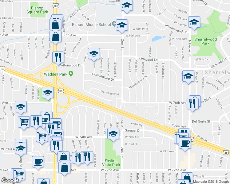 map of restaurants, bars, coffee shops, grocery stores, and more near 2463 Westchester Drive in Denver