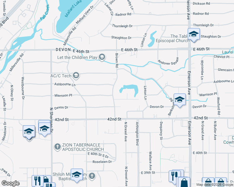map of restaurants, bars, coffee shops, grocery stores, and more near 4343 Brown Road in Indianapolis
