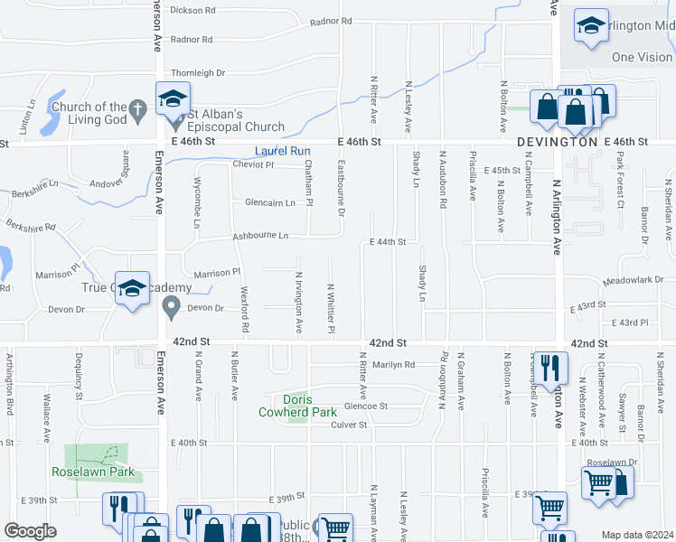 map of restaurants, bars, coffee shops, grocery stores, and more near 4315 North Whittier Place in Indianapolis