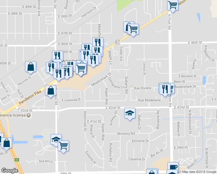 map of restaurants, bars, coffee shops, grocery stores, and more near 4315 Aspen Way in Indianapolis