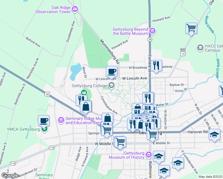 map of restaurants, bars, coffee shops, grocery stores, and more near 300 North Washington Street in Gettysburg