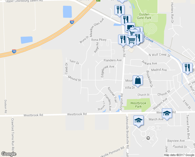 map of restaurants, bars, coffee shops, grocery stores, and more near 512 Mound Street in Brookville