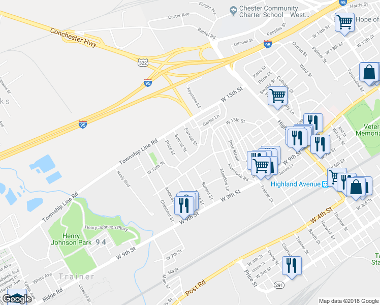 map of restaurants, bars, coffee shops, grocery stores, and more near 3524 West 13th Street in Marcus Hook