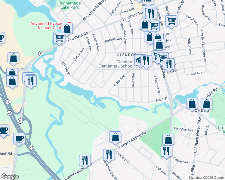 map of restaurants, bars, coffee shops, grocery stores, and more near 307 Fern Avenue in Camden County