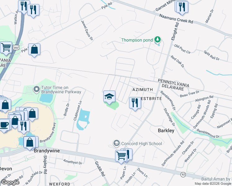 map of restaurants, bars, coffee shops, grocery stores, and more near 330 Delta Road in Wilmington