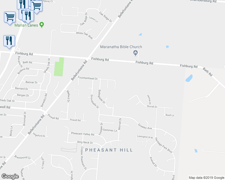 map of restaurants, bars, coffee shops, grocery stores, and more near 6552 Fountainhead Drive in Dayton