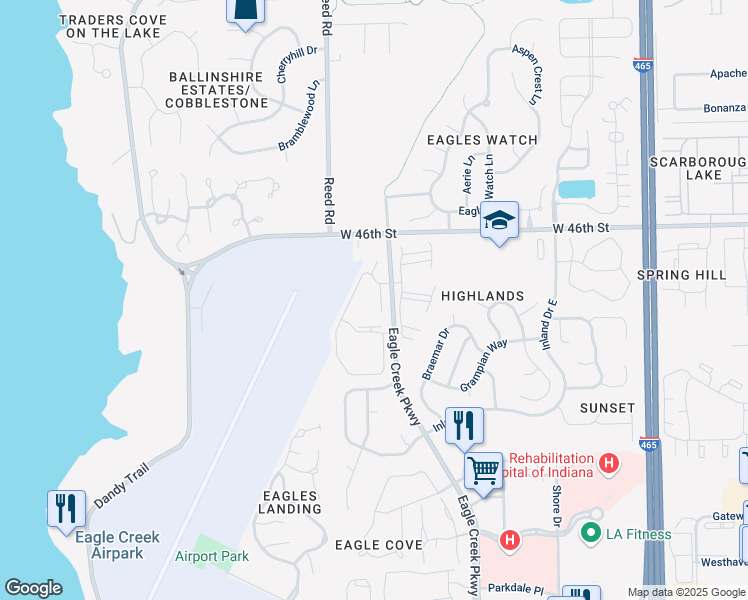 map of restaurants, bars, coffee shops, grocery stores, and more near 4480 Village Lane in Indianapolis