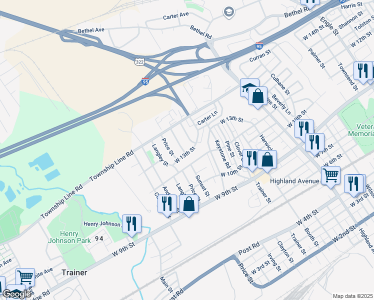 map of restaurants, bars, coffee shops, grocery stores, and more near 3524 West 13th Street in Marcus Hook