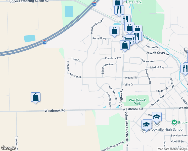 map of restaurants, bars, coffee shops, grocery stores, and more near 512 Mound Street in Brookville