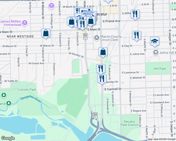 map of restaurants, bars, coffee shops, grocery stores, and more near 700 South Main Street in Decatur