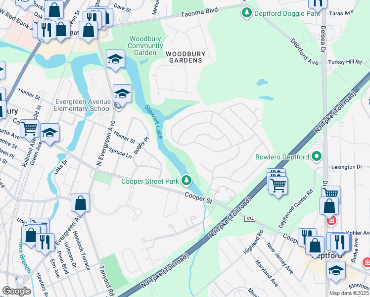 map of restaurants, bars, coffee shops, grocery stores, and more near 60 Lakebridge Drive in Deptford