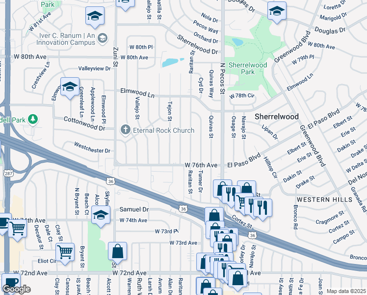 map of restaurants, bars, coffee shops, grocery stores, and more near 7653 Raritan Street in Denver
