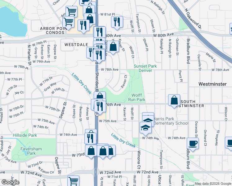 map of restaurants, bars, coffee shops, grocery stores, and more near 5024 West 77th Drive in Westminster
