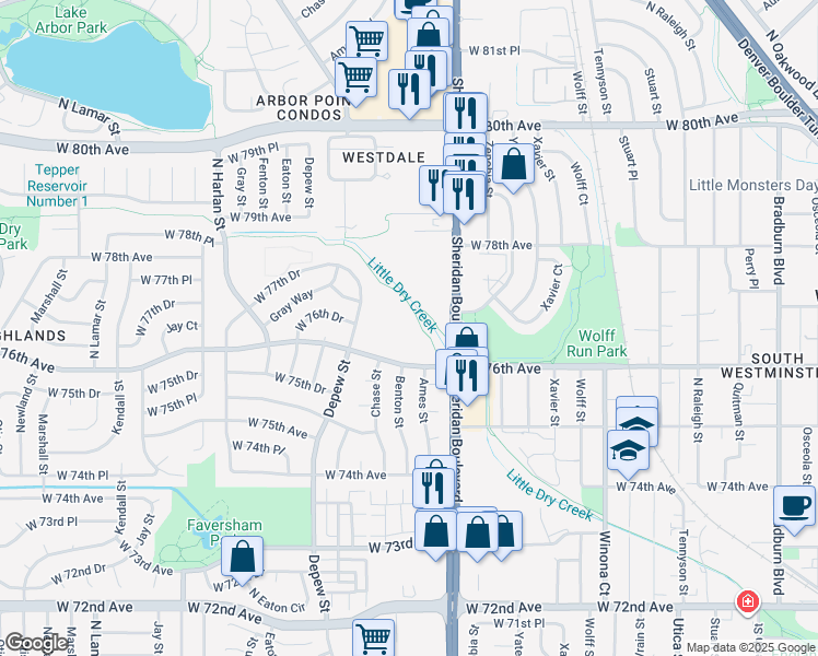 map of restaurants, bars, coffee shops, grocery stores, and more near 5423 West 76th Avenue in Arvada