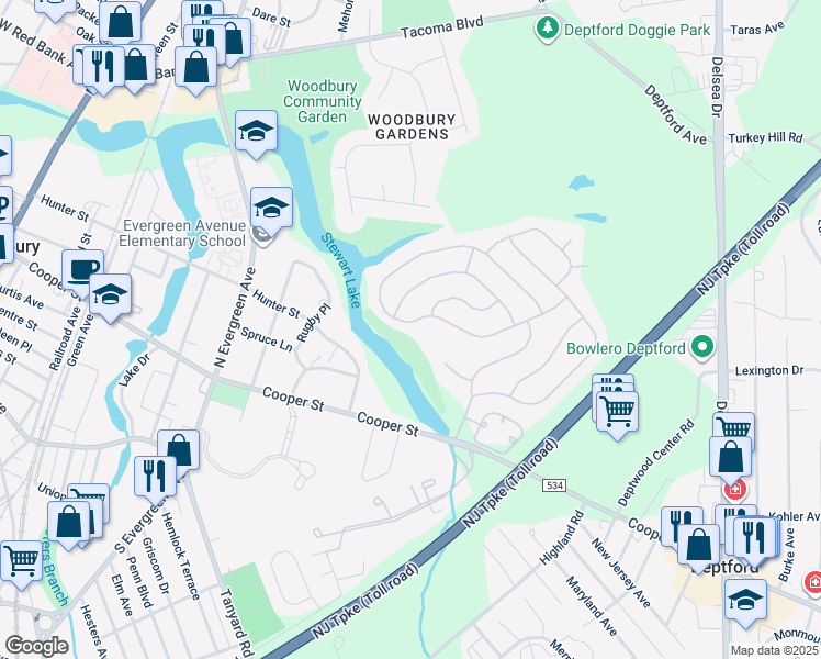 map of restaurants, bars, coffee shops, grocery stores, and more near 60 Lakebridge Drive in Deptford