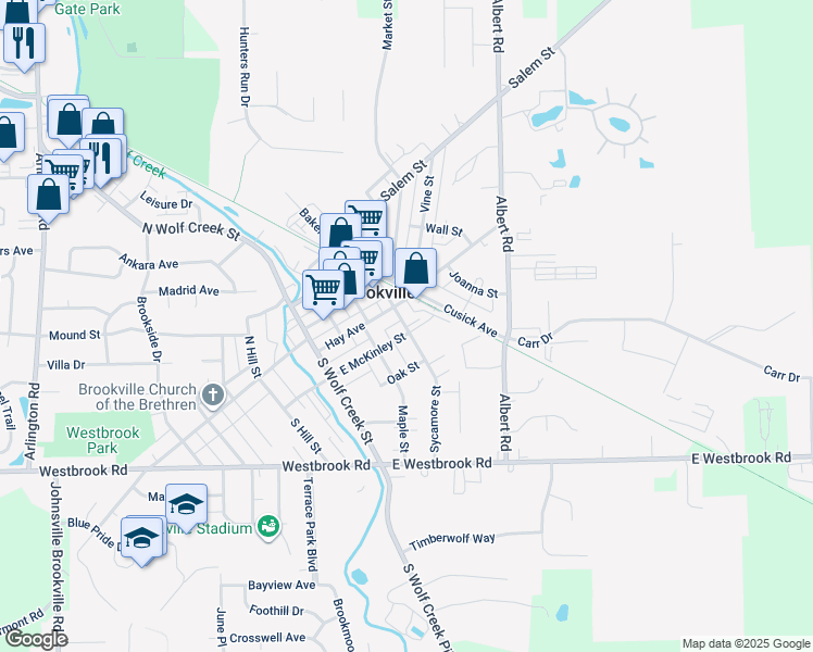 map of restaurants, bars, coffee shops, grocery stores, and more near 201 Sycamore Street in Brookville
