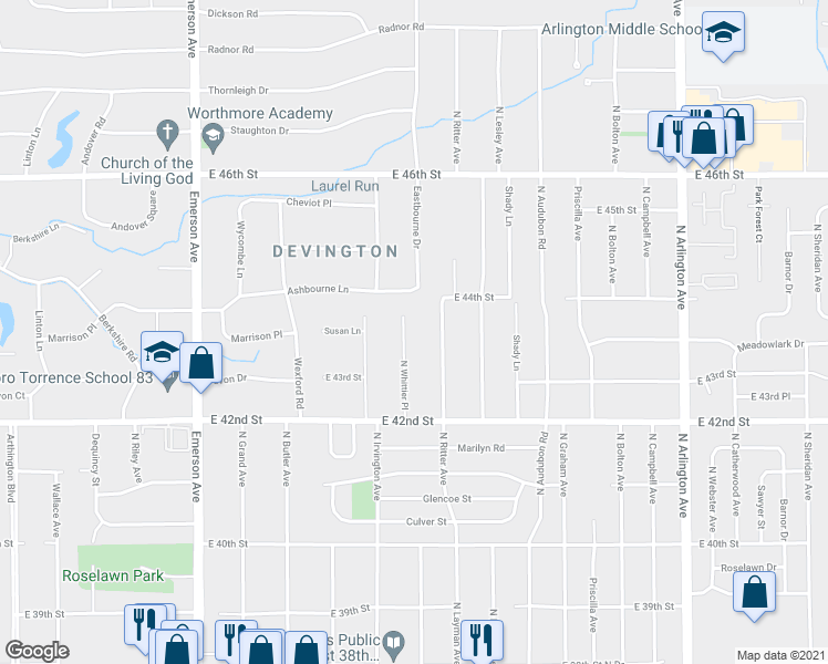 map of restaurants, bars, coffee shops, grocery stores, and more near 4310 North Whittier Place in Indianapolis