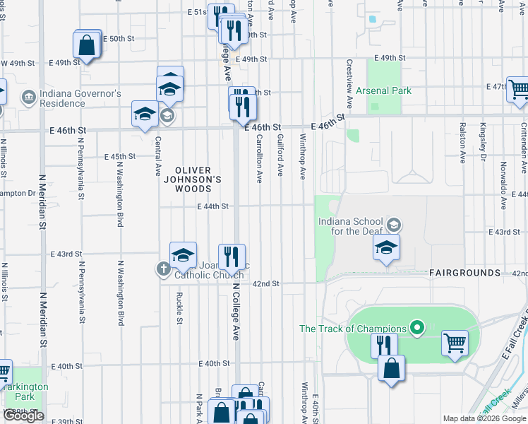 map of restaurants, bars, coffee shops, grocery stores, and more near 4345 Carrollton Avenue in Indianapolis