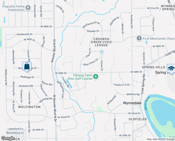 map of restaurants, bars, coffee shops, grocery stores, and more near 2533 West 44th Street in Indianapolis