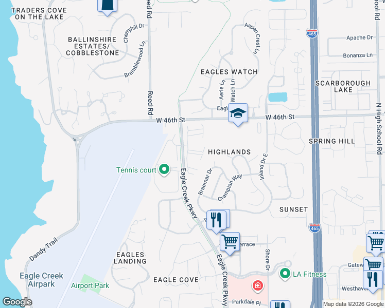 map of restaurants, bars, coffee shops, grocery stores, and more near 4431 Eagle Creek Parkway in Indianapolis
