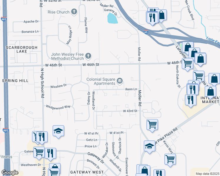 map of restaurants, bars, coffee shops, grocery stores, and more near 5704 Renn Lane in Indianapolis