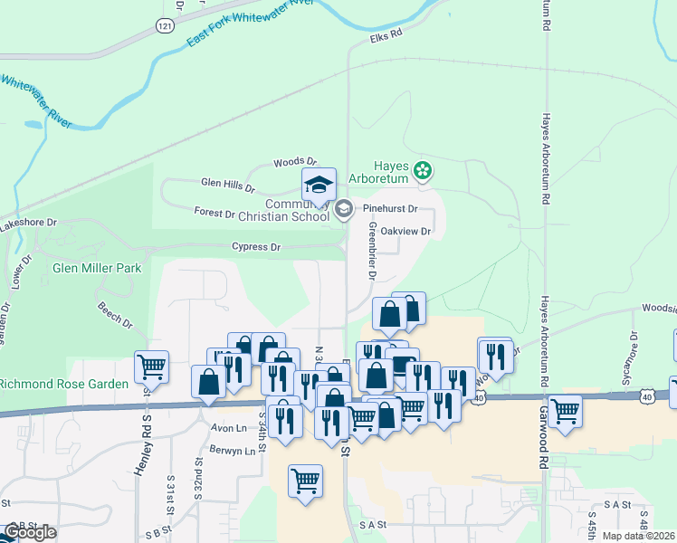 map of restaurants, bars, coffee shops, grocery stores, and more near 504 Elks Road in Richmond