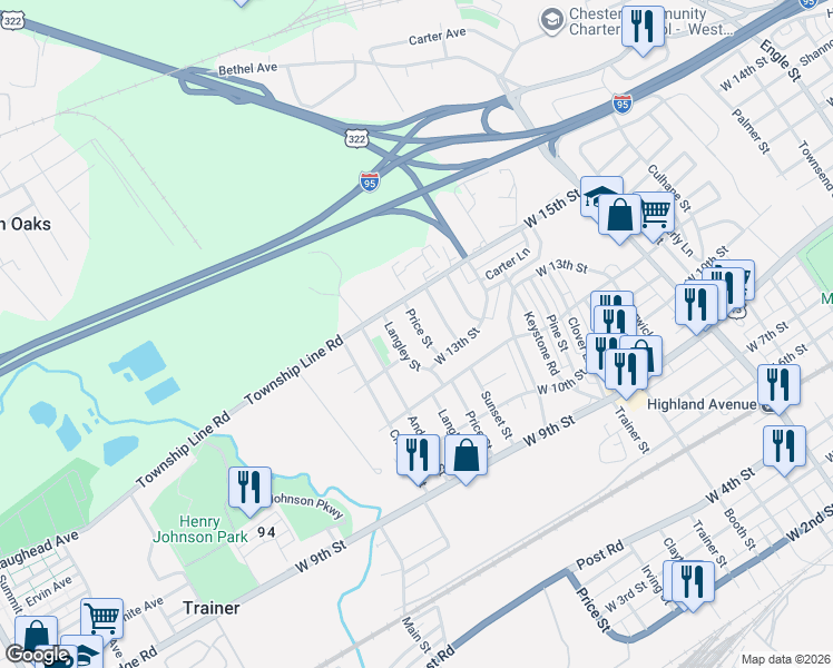 map of restaurants, bars, coffee shops, grocery stores, and more near 1326 Price Street in Trainer