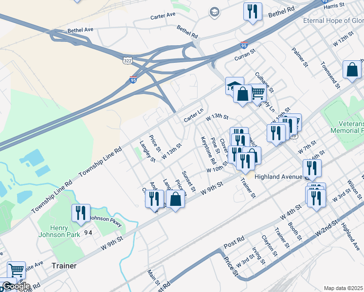 map of restaurants, bars, coffee shops, grocery stores, and more near 3537 West 13th Street in Marcus Hook