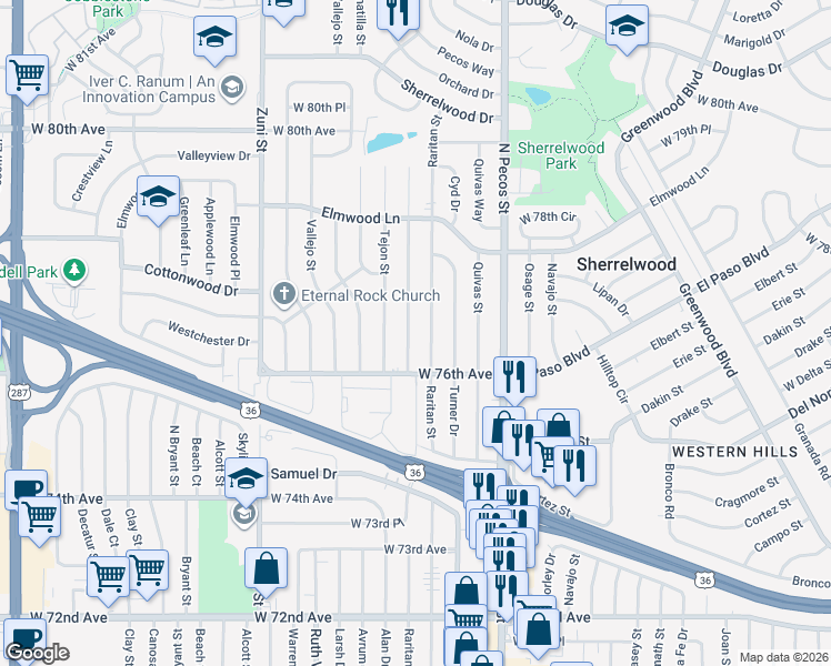 map of restaurants, bars, coffee shops, grocery stores, and more near 7653 Raritan Street in Denver