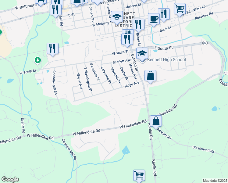 map of restaurants, bars, coffee shops, grocery stores, and more near 402 Ridge Avenue in Kennett Square