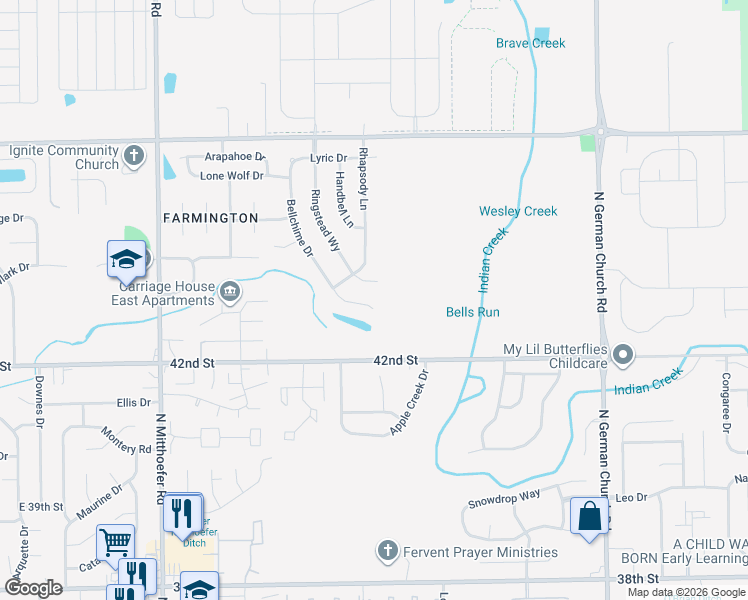 map of restaurants, bars, coffee shops, grocery stores, and more near 10450 Bellchime Court in Indianapolis