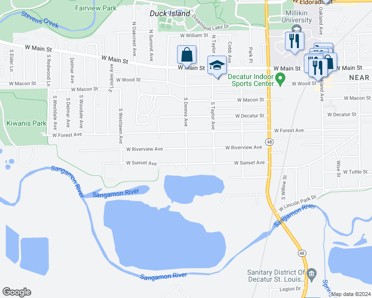 map of restaurants, bars, coffee shops, grocery stores, and more near 1601 West Riverview Street in Decatur
