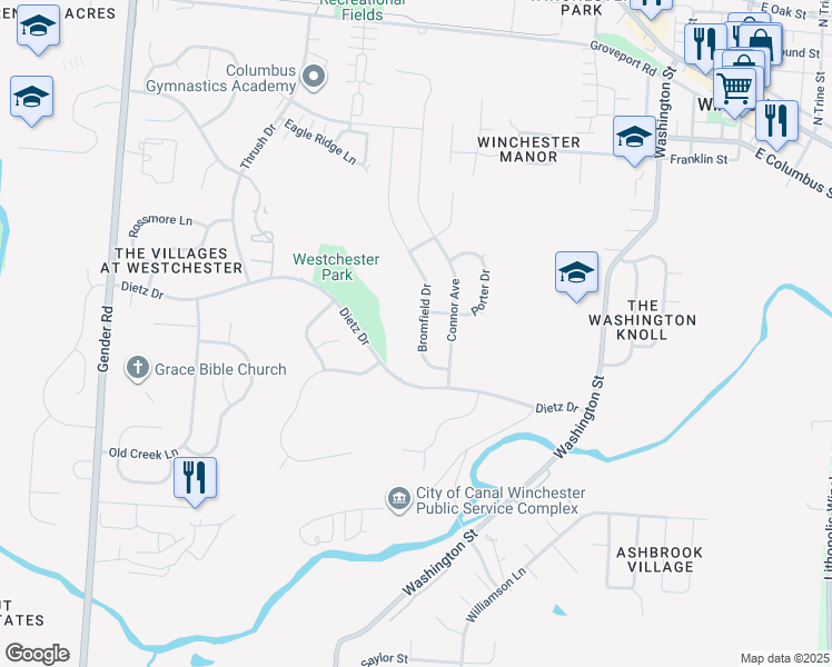 map of restaurants, bars, coffee shops, grocery stores, and more near 7215 Bromfield Drive in Canal Winchester