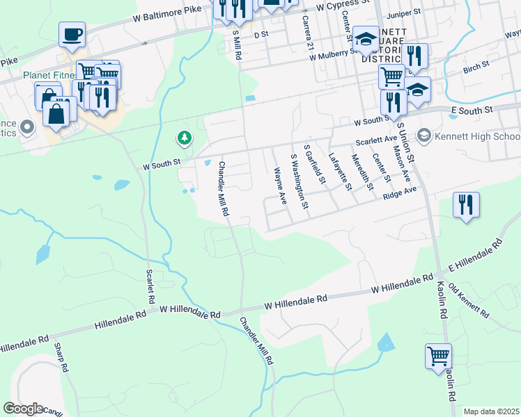 map of restaurants, bars, coffee shops, grocery stores, and more near 800 South Mill Road in Kennett Square