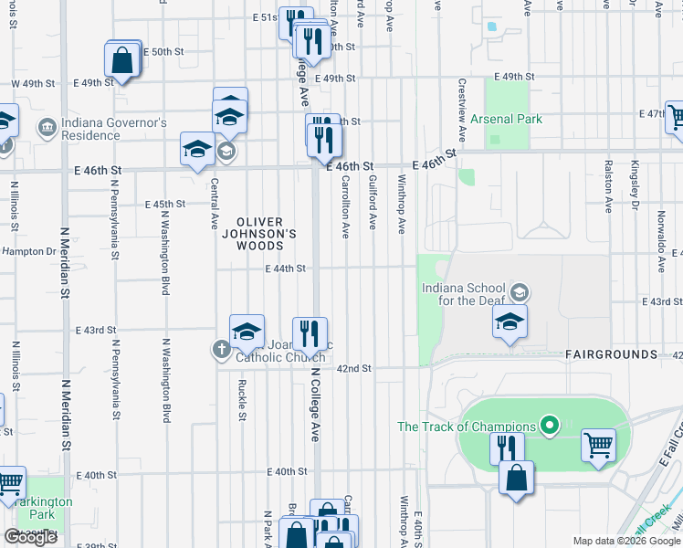 map of restaurants, bars, coffee shops, grocery stores, and more near 4345 Carrollton Avenue in Indianapolis