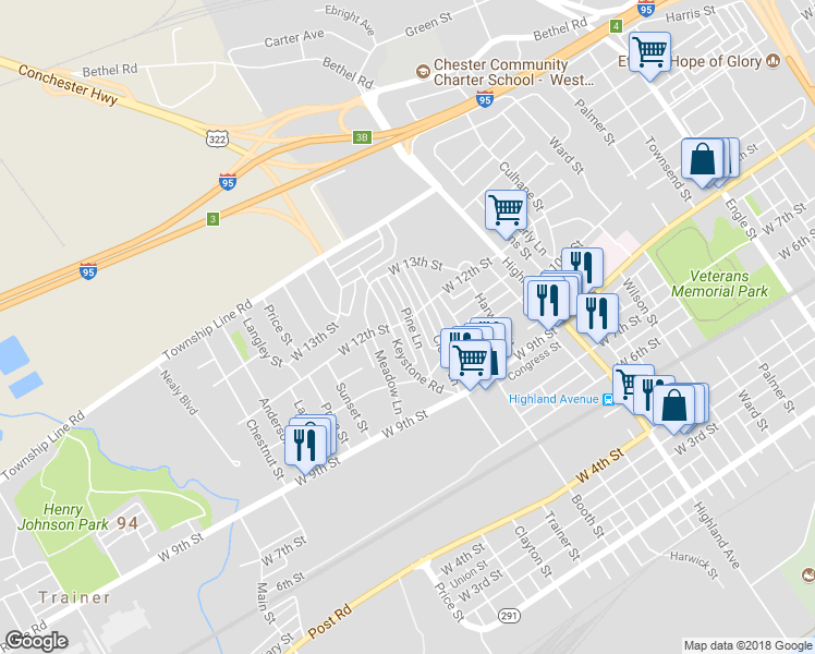 map of restaurants, bars, coffee shops, grocery stores, and more near 1154 Pine Lane in Chester