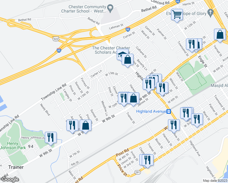 map of restaurants, bars, coffee shops, grocery stores, and more near 1128 Clover Lane in Chester