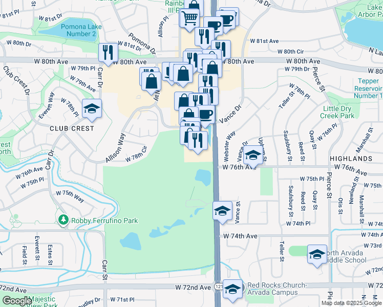 map of restaurants, bars, coffee shops, grocery stores, and more near 7715 Wadsworth Boulevard in Arvada
