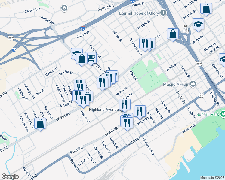 map of restaurants, bars, coffee shops, grocery stores, and more near 719 Highland Avenue in Chester