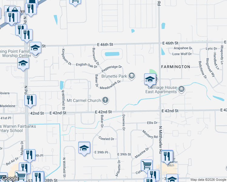 map of restaurants, bars, coffee shops, grocery stores, and more near 4302 Burrwood Drive in Indianapolis