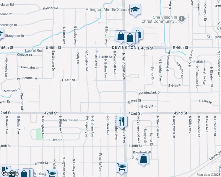 map of restaurants, bars, coffee shops, grocery stores, and more near 5908 Meadowlark Drive in Indianapolis