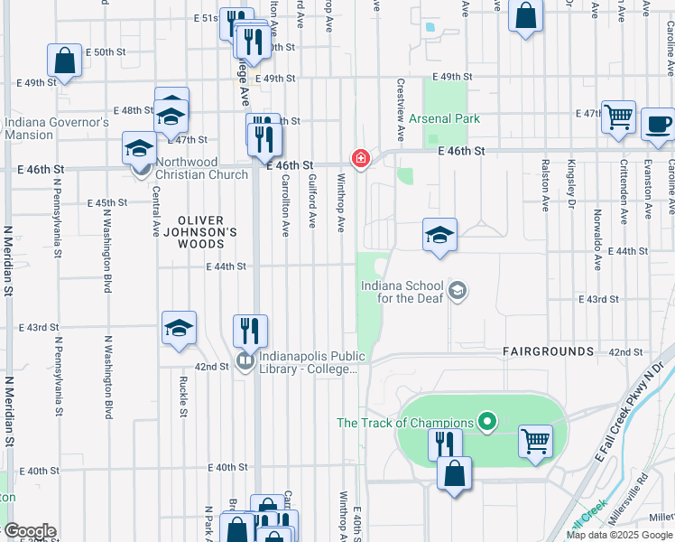 map of restaurants, bars, coffee shops, grocery stores, and more near 4349 Guilford Avenue in Indianapolis