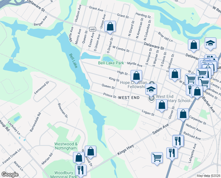 map of restaurants, bars, coffee shops, grocery stores, and more near 517 Queen Street in Woodbury
