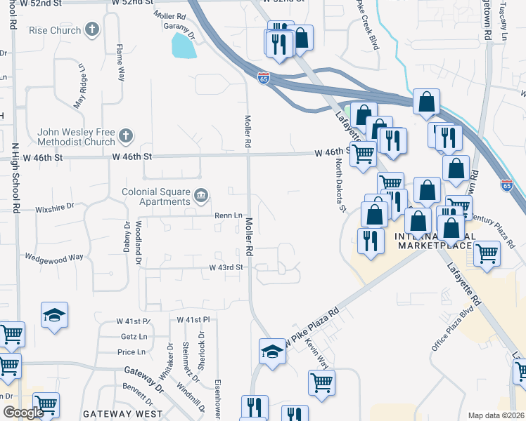 map of restaurants, bars, coffee shops, grocery stores, and more near 4441 Fullwood Court in Indianapolis