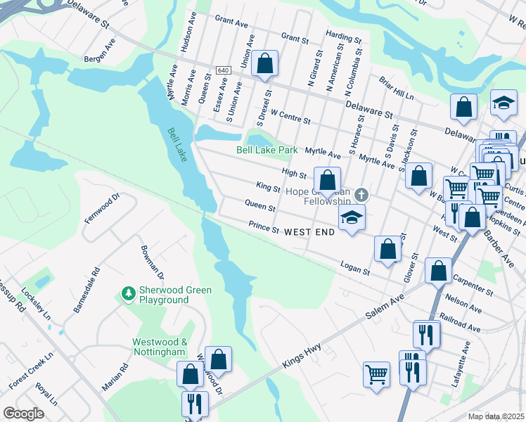 map of restaurants, bars, coffee shops, grocery stores, and more near 523 Queen Street in Woodbury