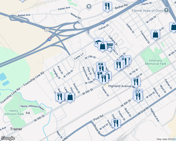 map of restaurants, bars, coffee shops, grocery stores, and more near 1154 Pine Lane in Chester